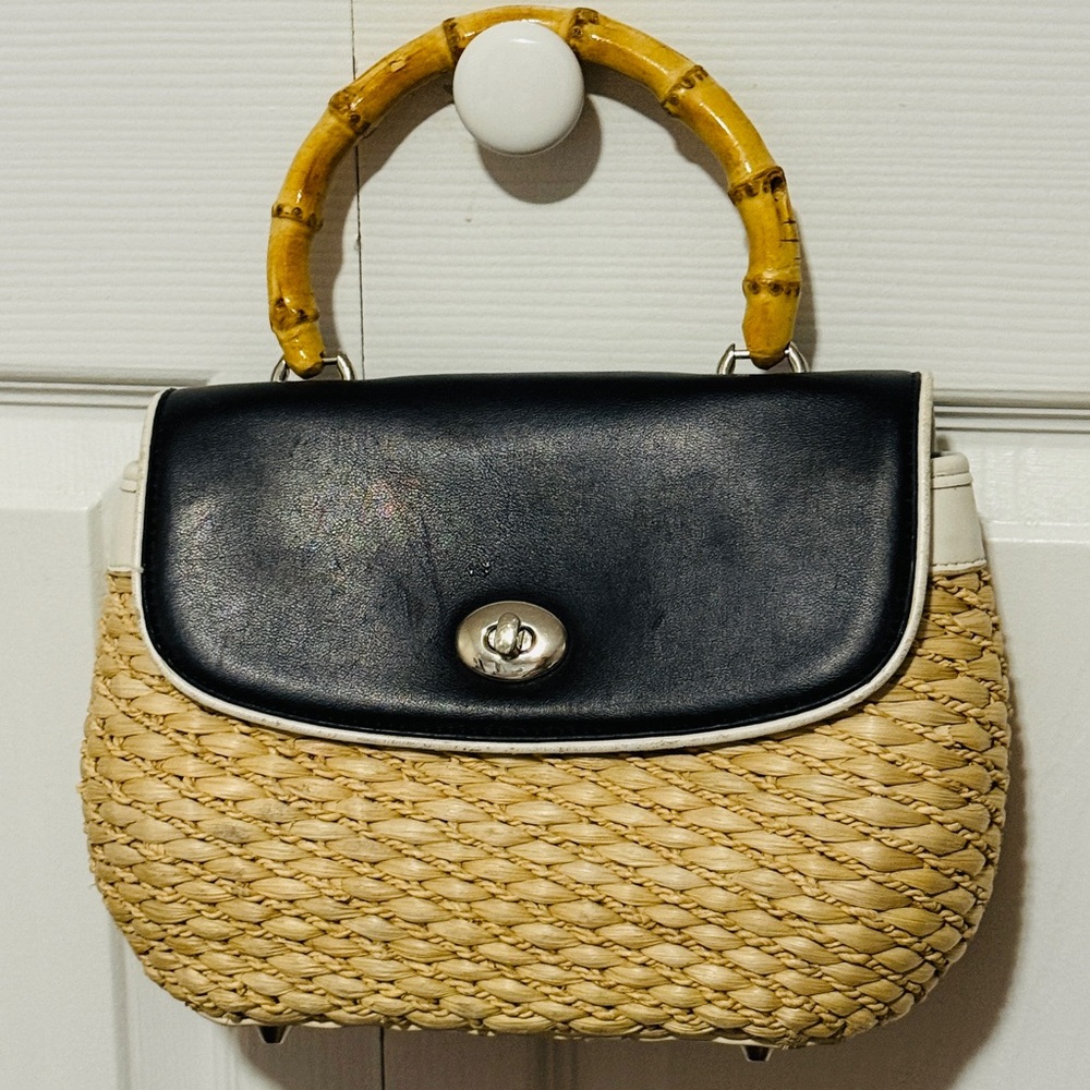 LOFT Black and Tan Woven Mini Bag with Bamboo Handle